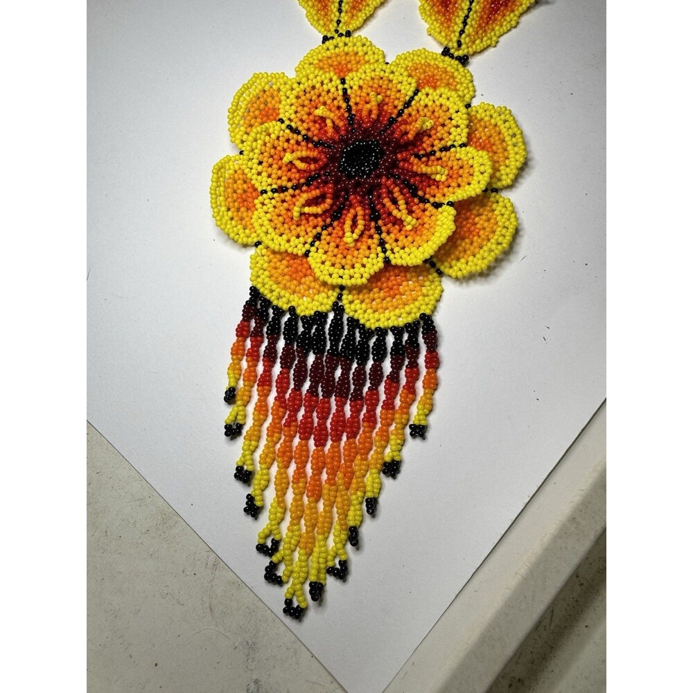 Huichol Wixárika Style Hand Beaded 3D Flower Necklace Fringe 19” Statement